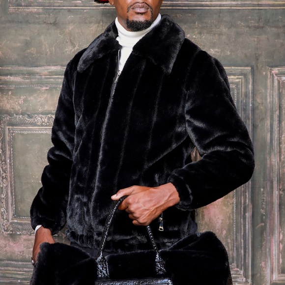 Men’s Fashion Black Faux Fur Fuzzy Jacket - Picture 2 of 2